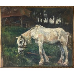 Raymond Lecourt  Le cheval blanc devant la ferme en Normandie