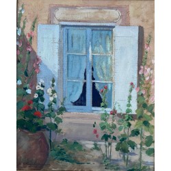 Gabriel Charlopeau, les roses trémières devant la fenètre