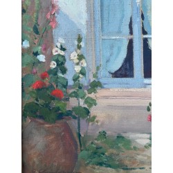 Gabriel Charlopeau, les roses trémières devant la fenètre