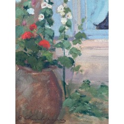 Gabriel Charlopeau, les roses trémières devant la fenètre