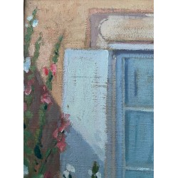 Gabriel Charlopeau, les roses trémières devant la fenètre