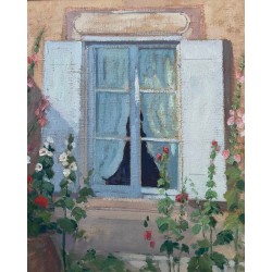 Gabriel Charlopeau, les roses trémières devant la fenètre