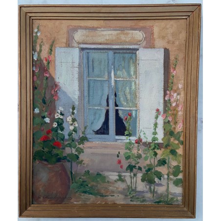 Gabriel Charlopeau, les roses trémières devant la fenètre