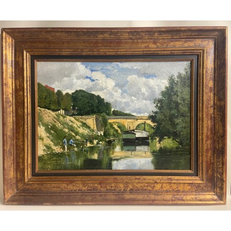 Edouard Daliphard, bateau lavoir, les pêcheurs. Le Pont de Poissy sur la Seine ?