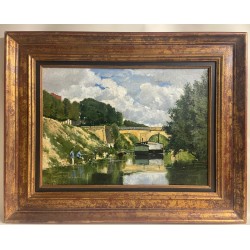 Edouard Daliphard, bateau lavoir, les pêcheurs. Le Pont de Poissy sur la Seine ?