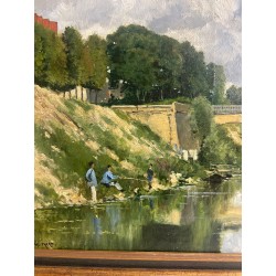 Edouard Daliphard, bateau lavoir, les pêcheurs. Le Pont de Poissy sur la Seine ?