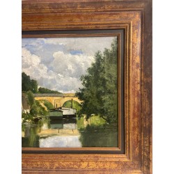 Edouard Daliphard, bateau lavoir, les pêcheurs. Le Pont de Poissy sur la Seine ?