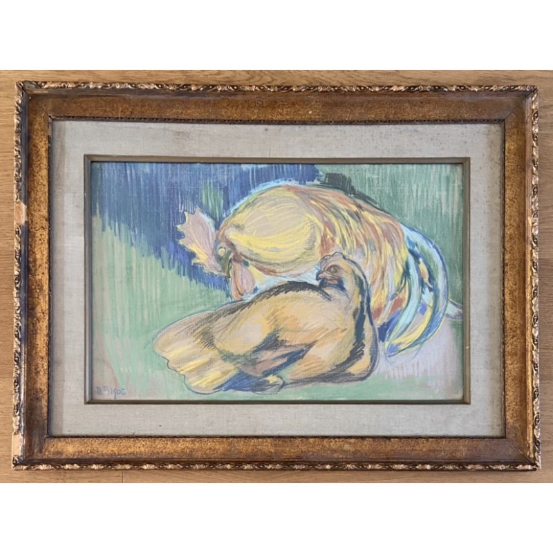 Raymond Bigot, le coq et la poule. Pastel