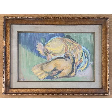 Raymond Bigot, le coq et la poule. Pastel